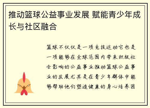 推动篮球公益事业发展 赋能青少年成长与社区融合