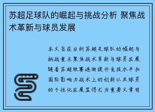 苏超足球队的崛起与挑战分析 聚焦战术革新与球员发展